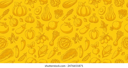 Vegetables seamless pattern, isolated yellow background. Veggies vector icons set. Minimalist horizontal banner. Organic food, natural eco product, harvesting. For cover, wrapping paper, textile print