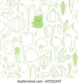 Vegetables seamless pattern. Light green contours. Pumpkin, Tomato, Beet, Cabbage, Carrot, Onion, Garlic, Bell Pepper, Ginger, Pea, Potato, Cauliflower, Radish, Greenery, Asparagus, Chili, Mushrooms.