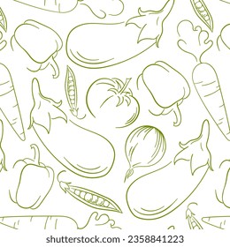 Vegetables nahtloses Muster in Linie Art Stil. Gesund essen Tomate, Karotten, Pfeffer, Auberginen, Erbsen, Zwiebeln. Grüne Farbe. Vektorgrafik einzeln auf weißem Hintergrund.