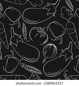 Vegetables seamless pattern in line art style. Hand drawn doodle fresh vegetable. Vector illustration on a black background.