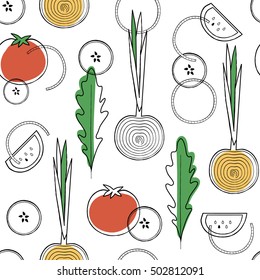 Vegetables seamless pattern. Line vegetables background. Healthy organic food backdrop. Vector illustration