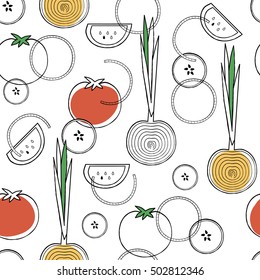 Vegetables seamless pattern. Linear vegetables background. Healthy organic food backdrop. Vector illustration