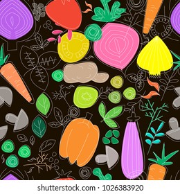 Vegetables seamless pattern. Linear graphic. Vegetables background. Scandinavian style. Healthy food pattern.