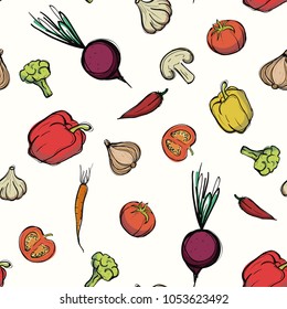 Vegetables seamless pattern. Linear graphic. Vegetables background. Vector illustration