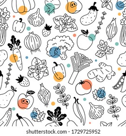 Vegetables Seamless Pattern. Linear Graphic. Vegetables Background. Scandinavian Style. Healthy Organic Food Pattern. Vector Illustration