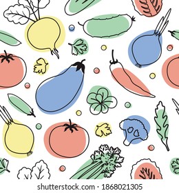 Vegetables seamless pattern. Linear graphic. Vegetables background. Healthy food pattern.