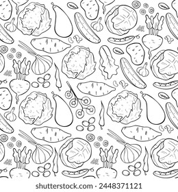 
Vegetables seamless pattern. Linear graphic. Vegetables background. Scandinavian style. Healthy food pattern. Vector illustration