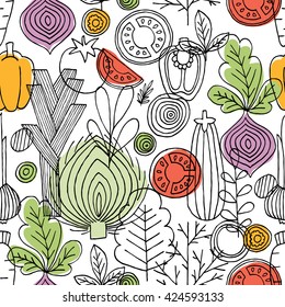 Vegetables seamless pattern. Linear graphic. Vegetables background. Scandinavian style. Healthy food pattern. Vector illustration