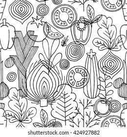 Vegetables seamless pattern. Linear graphic. Vegetables background. Scandinavian style. Healthy food pattern. Vector illustration