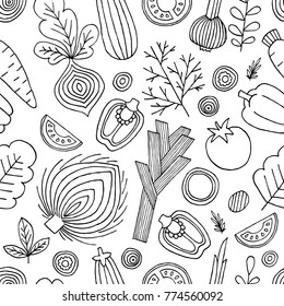 Vegetables seamless pattern. Linear graphic. Vegetables background. Scandinavian style. Healthy food. Vector illustration