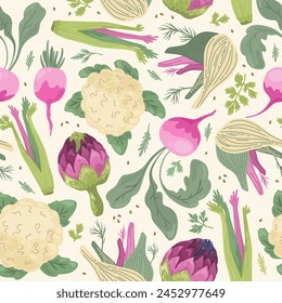 Vegetables seamless pattern on beige background.