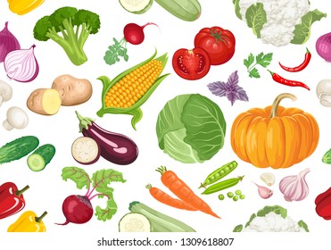 Vegetables seamless pattern on white background. Vector food illustration in cartoon simple flat style.
