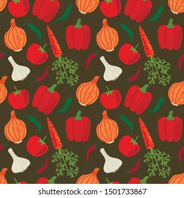Vegetables seamless pattern. Onion and peppers, garlic and carrot, tomato and chilli pepper. Vector illustration. 