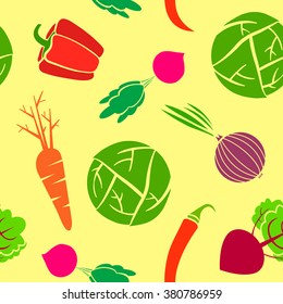 vegetables seamless pattern with onion,carrot, broccoli, radish,cabbage, beet and pepper. Use for apron, tablecloth, kitchen items, potholders, EPS 8