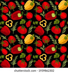 Patrón ininterrumpido de verduras. Patrón de verduras orgánicas de los agricultores, tomates, pimienta, hojas de cilantro y romero. Fondo vectorial de estilo dibujado a mano para diseño de impresión o tejido de cocina.