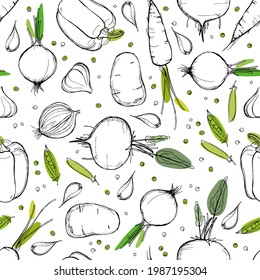 Vegetables seamless pattern. Organic food Vector sketch style repeated background. For farmers market, kitchen print, organic food store wallpaper, textile, wrapping, scrapbooking 
