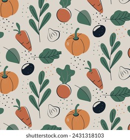 Vegetables seamless pattern. Organic natural background. Vegan and healthy garden products. Vector illustration. 