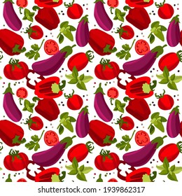 Patrón ininterrumpido de verduras. Patrón de verduras orgánicas, tomates, pimienta, berenjenas, hojas de cilantro, albahaca y orégano. Fondo vectorial de estilo dibujado a mano para diseño de impresión o tejido de cocina.