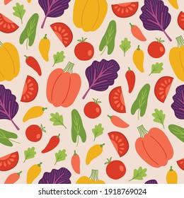 Vegetables seamless pattern with pepper, tomato, sorrel, parsley, salad on beige background. Perfect for vegan, vegetarian, wallpaper, food backdrop, fabric. Cartoon vector illustration