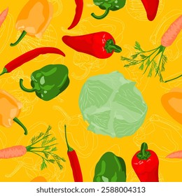 Vegetables seamless pattern with peppers, cabbages and carrot in hand drawn cartoon style. Vector food illustration.