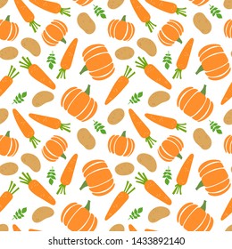Vegetables seamless pattern. Potato, carrot and pumpkin. Hand drawn doodle vector sketch. Healthy food collection. Vegetarian product. Vegan menu