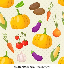 Vegetables seamless pattern with pumpkin, carrot, tomatos, onion and potato. Vector Template illustration background card.