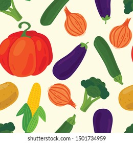 Vegetables seamless pattern. Pumpkin and onion, potato and corn, broccoli and zucchini, eggplant. Vector illustration.