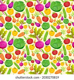 Vegetables seamless pattern.  The vegetables are in random order.  Cartoon vector style.  Beets, onions, cabbage, eggplant, peppers, cucumbers, carrots, tomatoes.