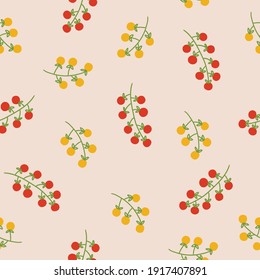 Vegetables seamless pattern with red and yellow cherry tomatoes on beige background. Perfect for vegan, vegetarian, wallpaper, food backdrop, fabric. Cartoon vector illustration.