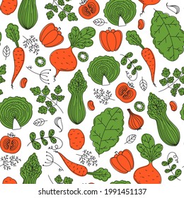 Vegetables seamless pattern. Scandinavian style illustration. Minimalist design. Hand drawn vector illustration. Healthy organic food.