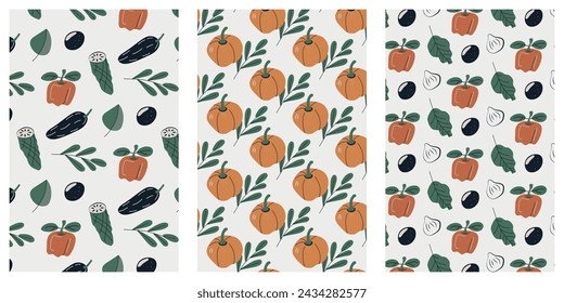 Conjunto de patrones sin fisuras de vegetales. Fondo natural orgánico. Productos de jardín veganos y saludables. Ilustración vectorial, teselación.
