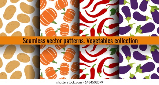 Vegetables seamless pattern set. Potato, pumpkin, pepper chili and eggplant. Fashion design. Food print for curtain. Hand drawn vector sketch background collection