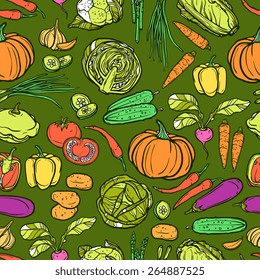 Vegetables seamless pattern with sketch cauliflower asparagus cabbage garlic vector illustration