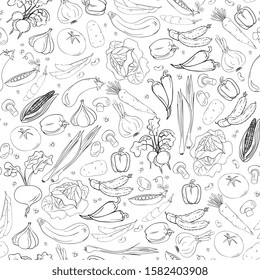 Vegetables seamless pattern. Summer background with different vegetables. Tomatoes, cucumbers, beets 