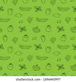 Vegetables, seamless pattern, sweet peppers, lettuce, basil, tomato, cucumber, red onion, olive and lemon, green background, vector illustration