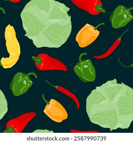 Vegetables seamless pattern with tasty color peppers and cabbages in hand drawn cartoon style. Vector food illustration.