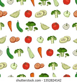 Vegetables seamless pattern with tomato, carrot, zucchini and broccoli on a white background. Vector