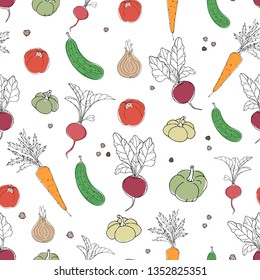 Vegetables seamless pattern: tomato, carrot, radish, cucumber with outline on white background. Vector