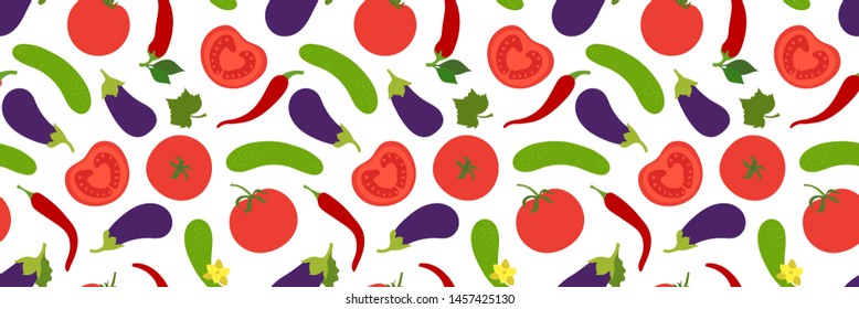 Vegetables seamless pattern. Tomato, cucumber, pepper, chili and eggplant. Paprika. Hand drawn doodle vector sketch. Healthy food collection. Vegetarian product. Vegan menu