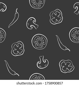 Vegetables seamless pattern with tomatoes, peppers, mushrooms and chili peppers.