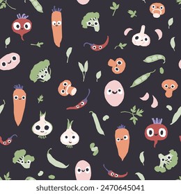 Vegetables seamless pattern. Vector cartoon childish background with cute smiling vege characters in simple hand-drawn style. Good for printing fabrics, packaging, clothes.