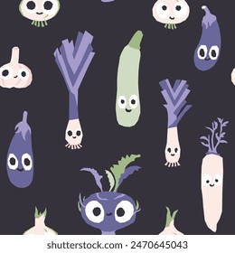 Vegetables seamless pattern. Vector cartoon childish background with cute smiling vege characters in simple hand-drawn style. Good for printing fabrics, packaging, clothes.