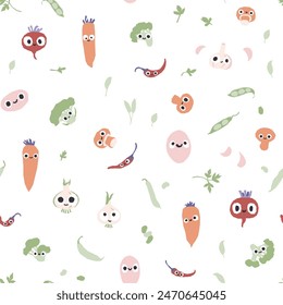 Vegetables seamless pattern. Vector cartoon childish background with cute smiling vege characters in simple hand-drawn style. Good for printing fabrics, packaging, clothes.