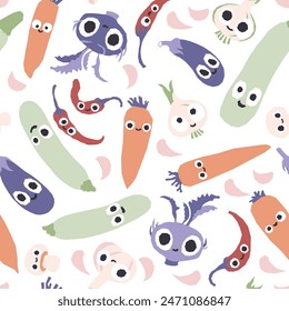 Vegetables seamless pattern. Vector cartoon childish background with cute smiling vege characters in simple hand-drawn style. Good for printing fabrics, packaging, clothes.