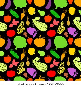 Vegetables seamless pattern, vector dark background with great abundance of bright colorful vegetables, perfect for kitchen wallpaper, wrapping paper, textiles