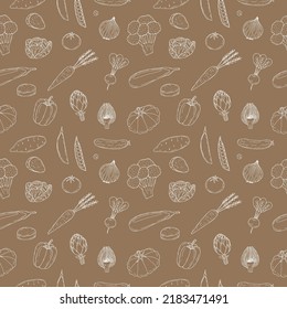 Vegetables seamless pattern vector illustration, hand drawing colored brown background