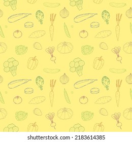 Vegetables seamless pattern vector illustration, hand drawing colored yellow background