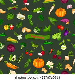 Vegetables, seamless pattern, vector picture, on a dark green background. Pumpkin, beets, potatoes, peppers, tomatoes, zucchini, carrots, radishes, cabbage, broccoli, peas and many other vegetables.
