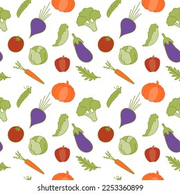 Vegetables seamless pattern. Vegetable, healthy vegan food wallpaper. Vector illustration