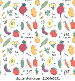 Vegetables seamless pattern. Vegetarian healthy bio food background, Vegan organic eco products pepper, tomato, cucumber, carrot, potato, avocado, beans and peas. Vector illustration.